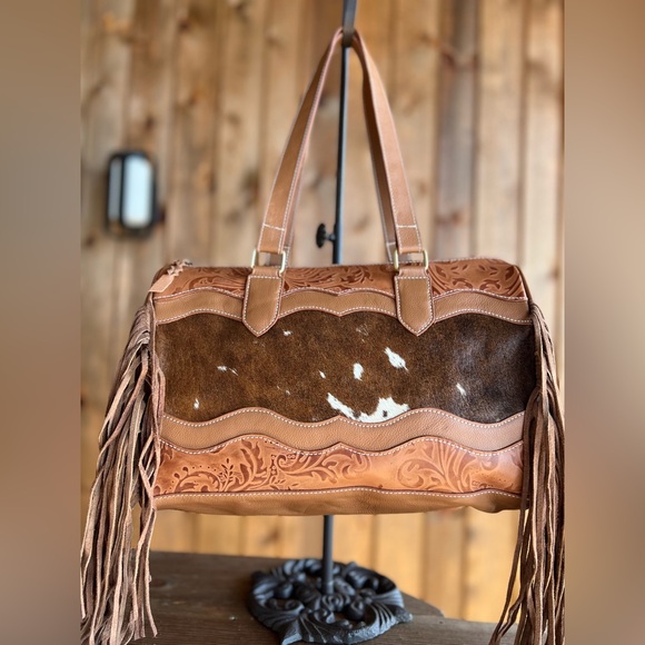 NEW Western Genuine Embossed Leather Cowhide Fringe Tassel Tan fall winter gift - Picture 3 of 13